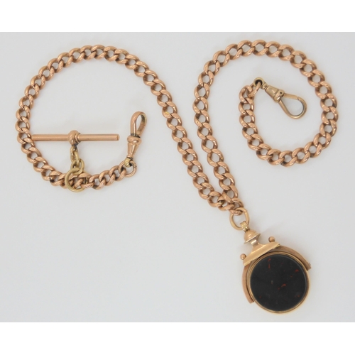 2826 - A ROSE GOLD FOB CHAIN & SEALthe curb chain is hallmarked 9, .375 to every link, 'T' bar and one ... 