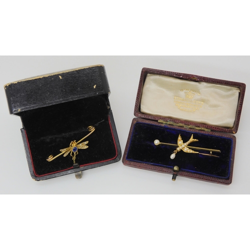 2837 - TWO VINTAGE BROOCHESa 15ct gold pearl set swallow brooch, in original box inscribed 1899, length 4.4... 