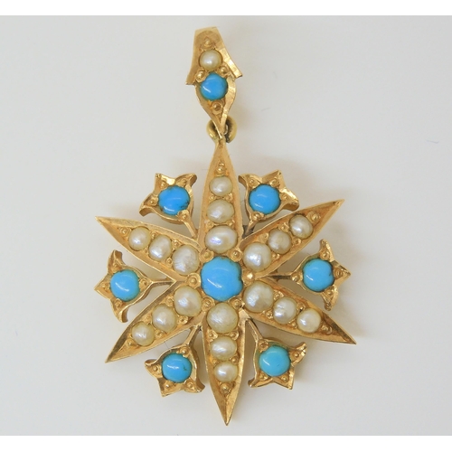 2841 - TWO VINTAGE PENDANTSa yellow metal turquoise and pearl flower, diameter 2.5cm, together with a pink ... 