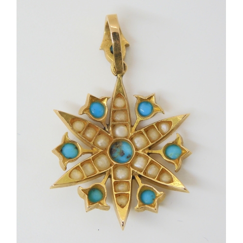 2841 - TWO VINTAGE PENDANTSa yellow metal turquoise and pearl flower, diameter 2.5cm, together with a pink ... 