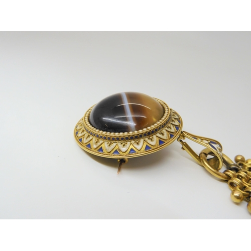 2842 - A VICTORIAN AGATE PENDANTcraftsman made in yellow metal mounted with a banded agate, with blue and w... 