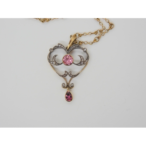 2874 - AN EDWARDIAN PENDANTset with pink tourmaline and old and rose cut diamonds, mounted in yellow and wh... 