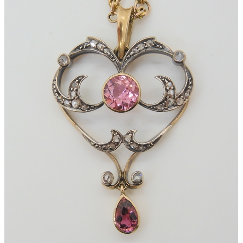 2874 - AN EDWARDIAN PENDANTset with pink tourmaline and old and rose cut diamonds, mounted in yellow and wh... 