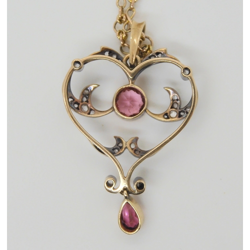 2874 - AN EDWARDIAN PENDANTset with pink tourmaline and old and rose cut diamonds, mounted in yellow and wh... 