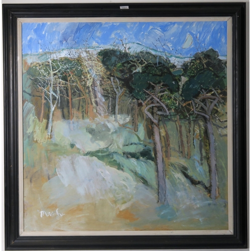 2904 - DONALD MANSON (SCOTTISH b.1948)DARK PINES WITH A PALE MOON Acrylic on panel, signed lower left, 93 x... 