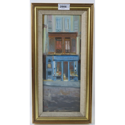 2906 - WILLIAM BIRNIE RSW RGI (SCOTTISH 1929-2006)L'EPICERIE Oil on board, signed lower left, 34 x 14cm (13... 