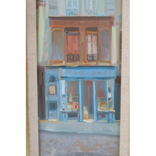 2906 - WILLIAM BIRNIE RSW RGI (SCOTTISH 1929-2006)L'EPICERIE Oil on board, signed lower left, 34 x 14cm (13... 