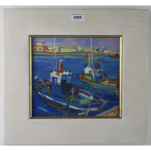 2908 - CONNIE SIMMERS (SCOTTISH b.1941) FISHING BOATS, MENORCA Oil on panel, signed lower left, 22 x 24cm (... 