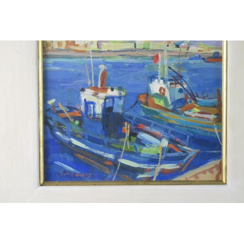 2908 - CONNIE SIMMERS (SCOTTISH b.1941) FISHING BOATS, MENORCA Oil on panel, signed lower left, 22 x 24cm (... 