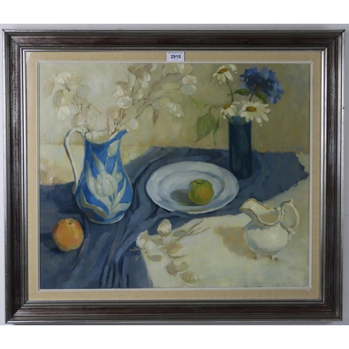 2910 - ANNE DONALD (SCOTTISH b.1941)STILL LIFE ON BLUE CLOTH Oil on canvas, signed upper right, 49 x 59cm (... 