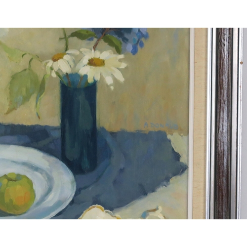 2910 - ANNE DONALD (SCOTTISH b.1941)STILL LIFE ON BLUE CLOTH Oil on canvas, signed upper right, 49 x 59cm (... 