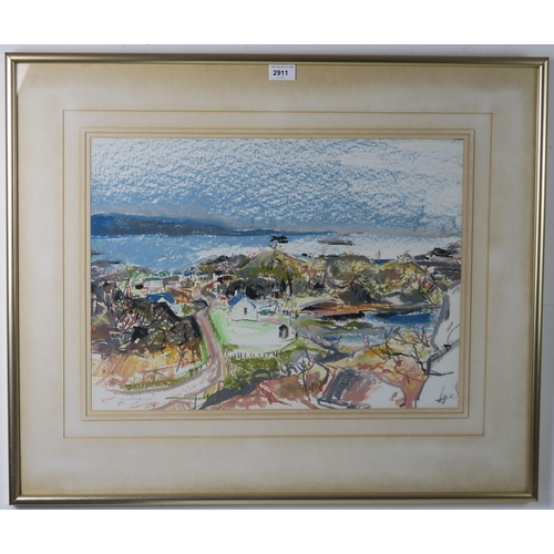 2911 - JAMES HARRIGAN (SCOTTISH b.1937)VILLAGE ON THE WATERPastel on paper, signed lower left, 40 x 54cm&nb... 