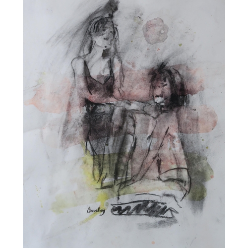 2926 - MURIEL BARCLAY (SCOTTISH CONTEMPORARY) SEATED FIGURES Mixed media, signed lower centre, 42... 