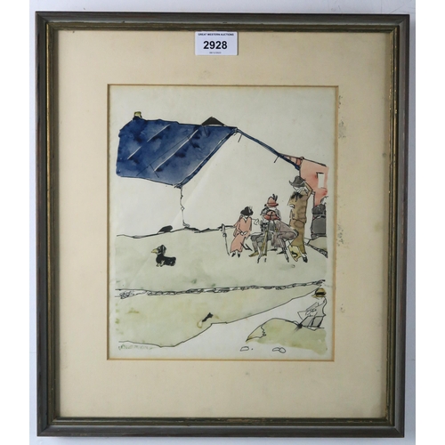 2928 - JESSIE MARION KING (SCOTTISH 1875-1949)FIGURES BY A CROFT WITH A DACHSHUND Pen/ink on paper, signed ... 