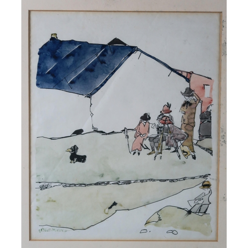 2928 - JESSIE MARION KING (SCOTTISH 1875-1949)FIGURES BY A CROFT WITH A DACHSHUND Pen/ink on paper, signed ... 