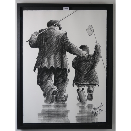 2938 - ALEXANDER MILLAR (SCOTTISH b.1960)DOWN TO THE LAKE Charcoal on paper, signed lower right, 75 x ... 