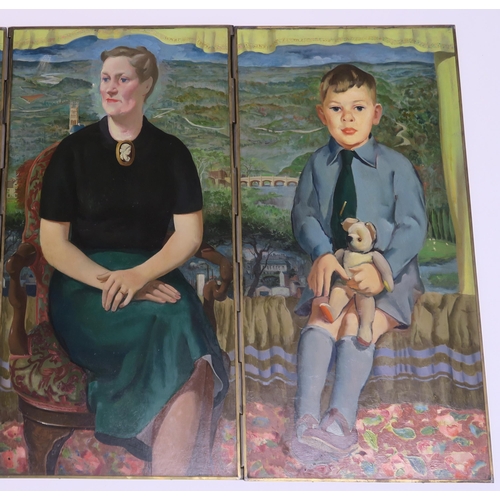 2944 - WILLIAM CROSBIE RSA RGI (1915-1999)TRIPTYCH OF MOTHER AND TWO CHILDREN Oil on hinged panels, 10... 