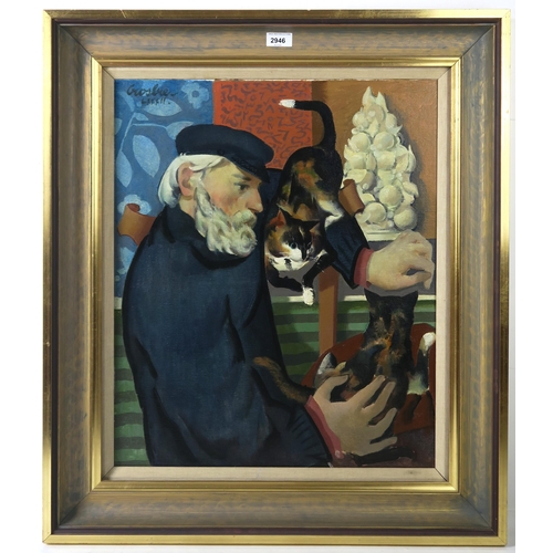 2946 - WILLIAM CROSBIE RSA RGI (1915-1999)SELF PORTRAIT WITH CATSOil on board, signed upper right, inscribe... 