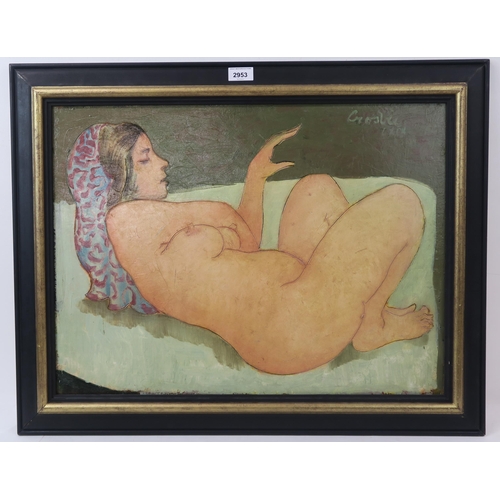 2953 - WILLIAM CROSBIE RSA RGI (1915-1999)RECLINING NUDE Oil on board, signed upper right, 45 x 60cm (... 