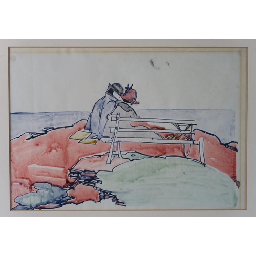 2962 - JESSIE MARION KING (SCOTTISH 1875-1949)COUPLE BY A BENCH LOOKING OUT Pen/ink on paper, 19 x 27cm (7.... 