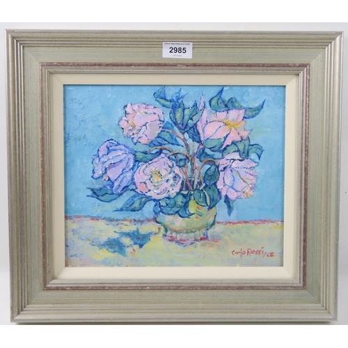 2985 - CARLO ROSSI RSW RGI (SCOTTISH 1921-2010)JAR WITH ROSES Oil on board, signed lower right, dated (20)0... 