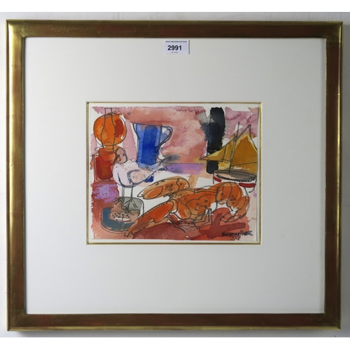 2991 - GLEN SCOULLAR RSW RGI (SCOTTISH b.1950)STILL LIFE WITH LOBSTER Mixed media, signed lower right,... 