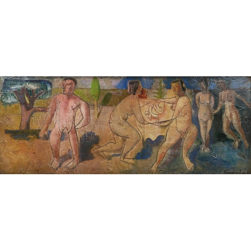 2993 - WILLIAM CROSBIE RSA RGI (1915-1999)FIRST BORN Oil on board, signed lower right, 24 x 64cm (9.5 ... 