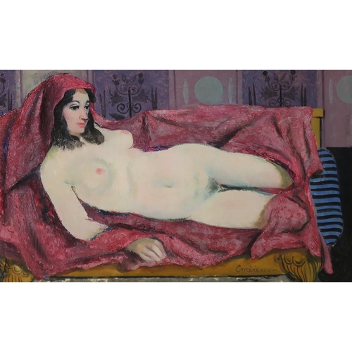 3001 - WILLIAM CROSBIE RSA RGI (1915-1999)NUDE LYING DOWN ON A RED DRAPE, 1995 Oil on board, signed lo... 