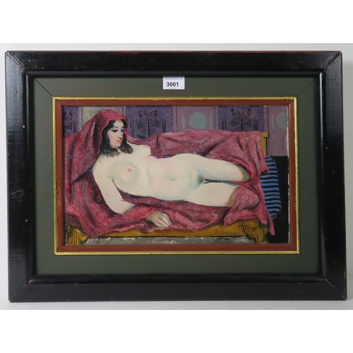 3001 - WILLIAM CROSBIE RSA RGI (1915-1999)NUDE LYING DOWN ON A RED DRAPE, 1995 Oil on board, signed lo... 