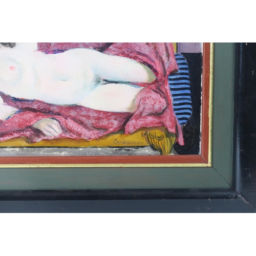 3001 - WILLIAM CROSBIE RSA RGI (1915-1999)NUDE LYING DOWN ON A RED DRAPE, 1995 Oil on board, signed lo... 