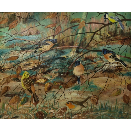 3002 - RALSTON GUDGEON RSA RSW (SCOTTISH 1910-1984) BRAMBLE FINCHES Oil on board, signed lower ri... 