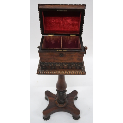 2069 - A VICTORIAN ROSEWOOD TEAPOYwith sarcophagus moulded hinged top caddy on turned pedestal on quatrefoi... 