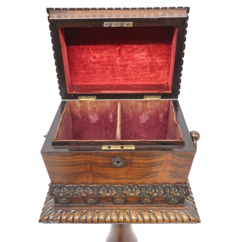 2069 - A VICTORIAN ROSEWOOD TEAPOYwith sarcophagus moulded hinged top caddy on turned pedestal on quatrefoi... 