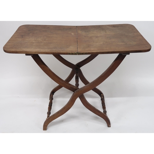 2072 - A 19TH CENTURY MAHOGANY FOLDING CAMPAIGN TABLEwith two part rectangular top on shaped stretchered su... 