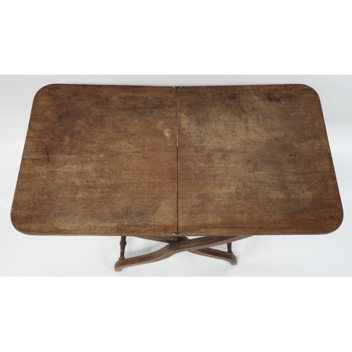 2072 - A 19TH CENTURY MAHOGANY FOLDING CAMPAIGN TABLEwith two part rectangular top on shaped stretchered su... 