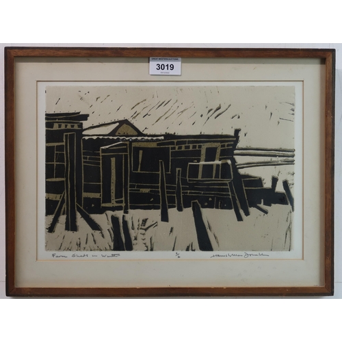 3019 - HAMISH MACDONALD (SCOTTISH 1935-2008)FARM SHEDS IN WINTER Mixed media, signed lower right, insc... 