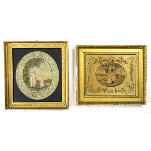 2597A - TWO REGENCY SILKWORK PANELSIn heavy gilt and gesso frames, one depicting a courting couple in a past... 