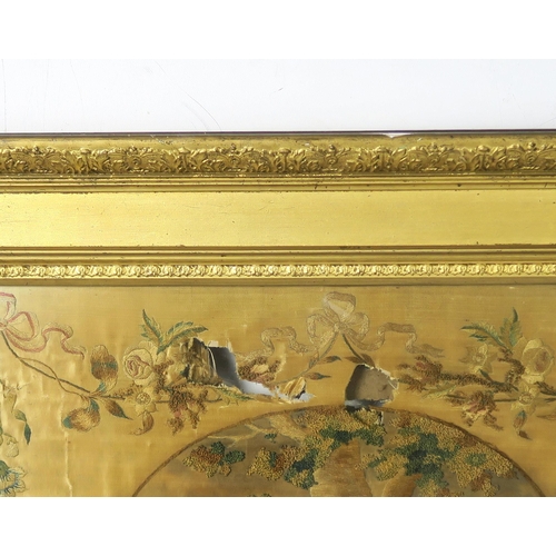 2597A - TWO REGENCY SILKWORK PANELSIn heavy gilt and gesso frames, one depicting a courting couple in a past... 