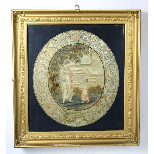 2597A - TWO REGENCY SILKWORK PANELSIn heavy gilt and gesso frames, one depicting a courting couple in a past... 