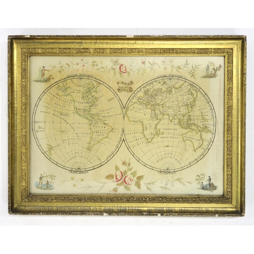 2597B - A REGENCY SILKWORK MAP OF THE WORLDShown as the Western Hemisphere, or New World and Eastern Hemisph... 