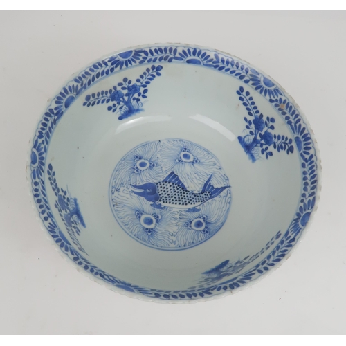 2427 - A CHINESE BLUE AND WHITE BOWL Painted with fish and aquatic foliage, four character reign marks, 23.... 