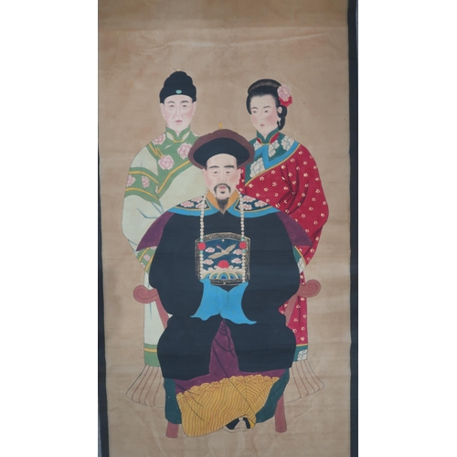 2429 - A CHINESE ANCESTRAL FAMILY PORTRAIT Painted with a mandarin and children, gouache, 196 x 9... 