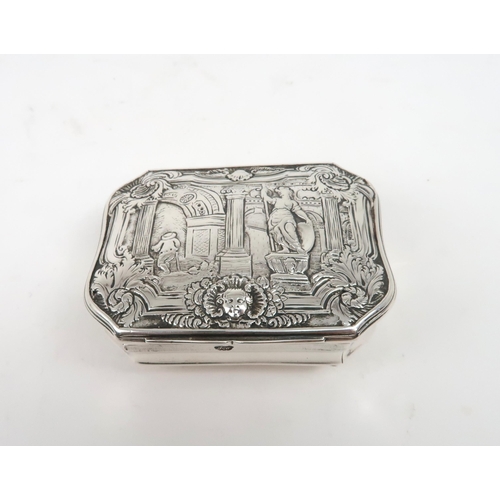 2498 - A GEORGE II SILVER SNUFF BOXof cartouche form, the hinged lid chased with a classical scene of a sta... 