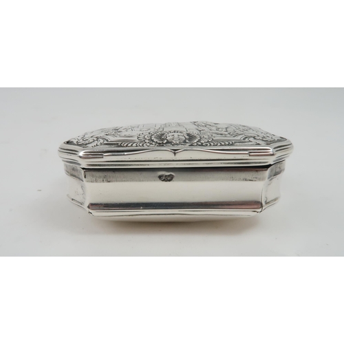 2498 - A GEORGE II SILVER SNUFF BOXof cartouche form, the hinged lid chased with a classical scene of a sta... 