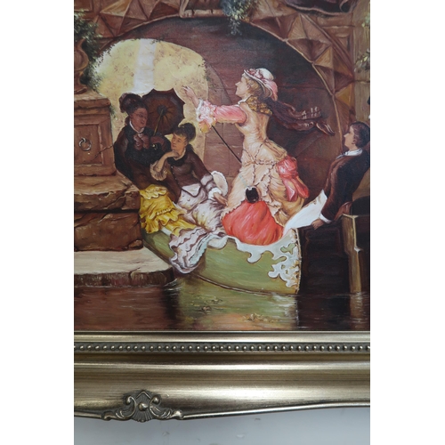 105 - A 20th century gilt framed bevelled glass wall mirror and a gilt framed oil on canvas signed Jocabs ... 