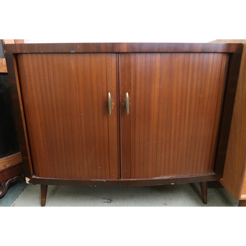 108 - A mid 20th century tambour front record cabinet on turned supports, 67cm high x 78cm wide x 38cm dee... 