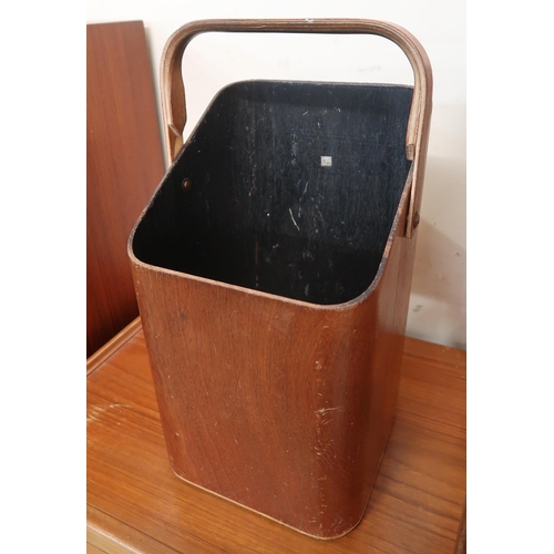 112 - A mid 20th century Mallod laminated teak coal scuttle, 47cm high x 26cm wide x 23cm deep and teak tw... 