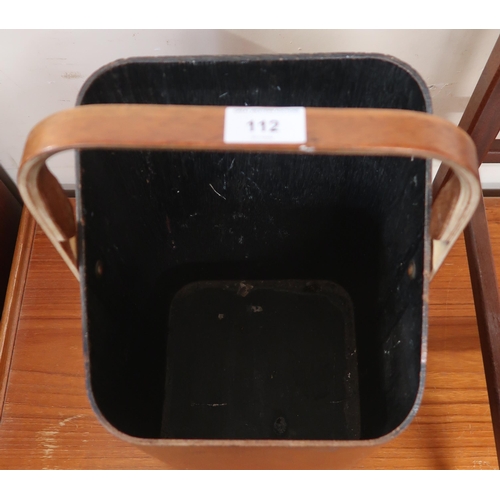 112 - A mid 20th century Mallod laminated teak coal scuttle, 47cm high x 26cm wide x 23cm deep and teak tw... 