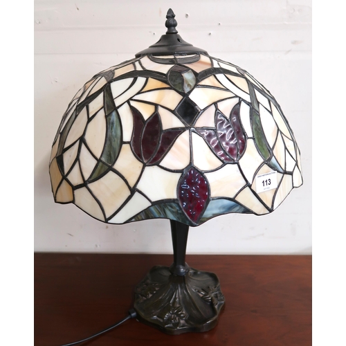 113 - A 20th century cast metal based table lamp with Tiffany style leaded stained glass shade, 53cm high ... 