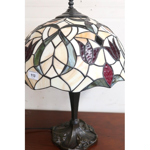 113 - A 20th century cast metal based table lamp with Tiffany style leaded stained glass shade, 53cm high ... 